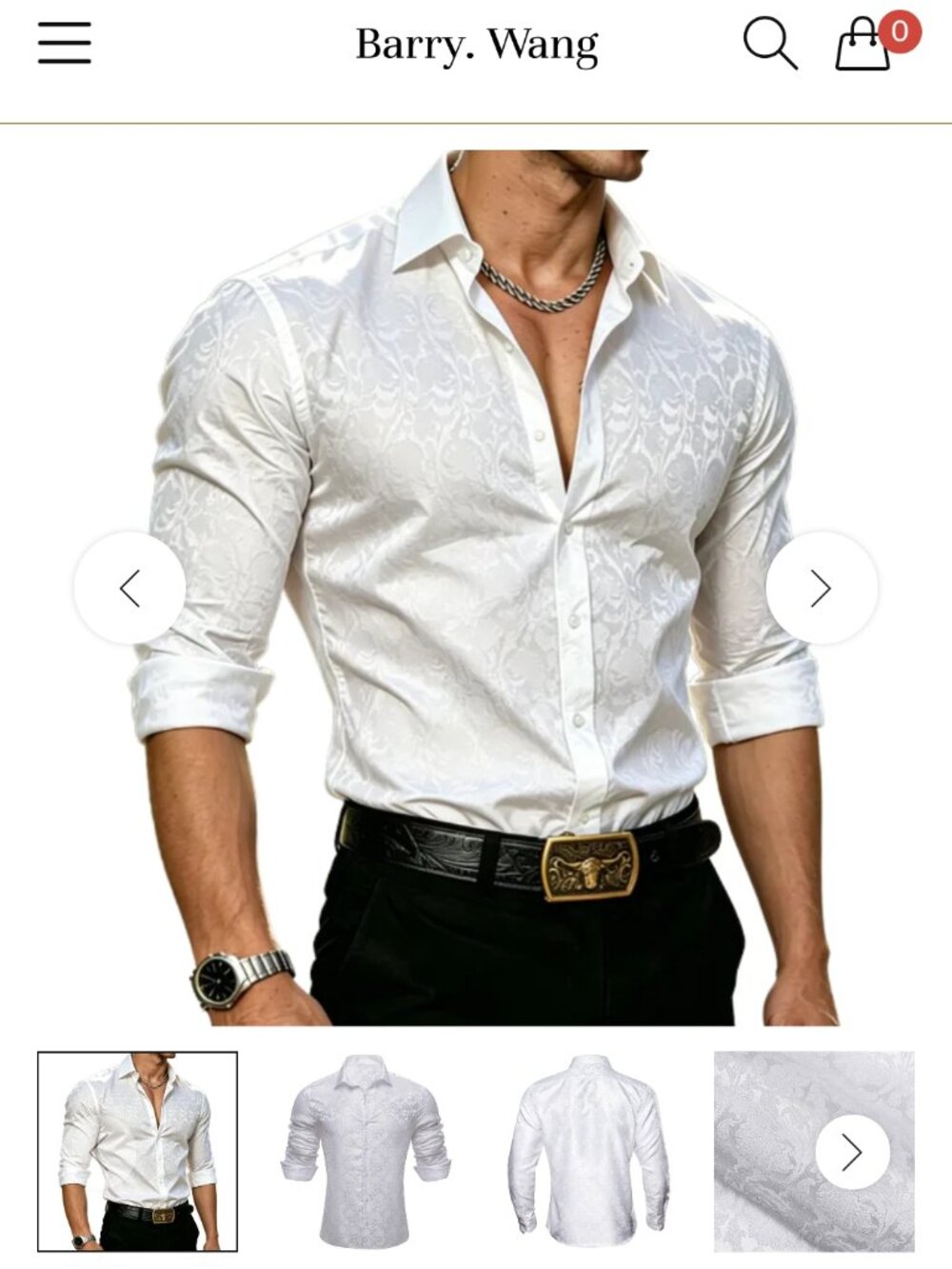 Barry. Wang Mens White Floral Long Sleeve Shirt Silk Jacquard Woven Button Down
